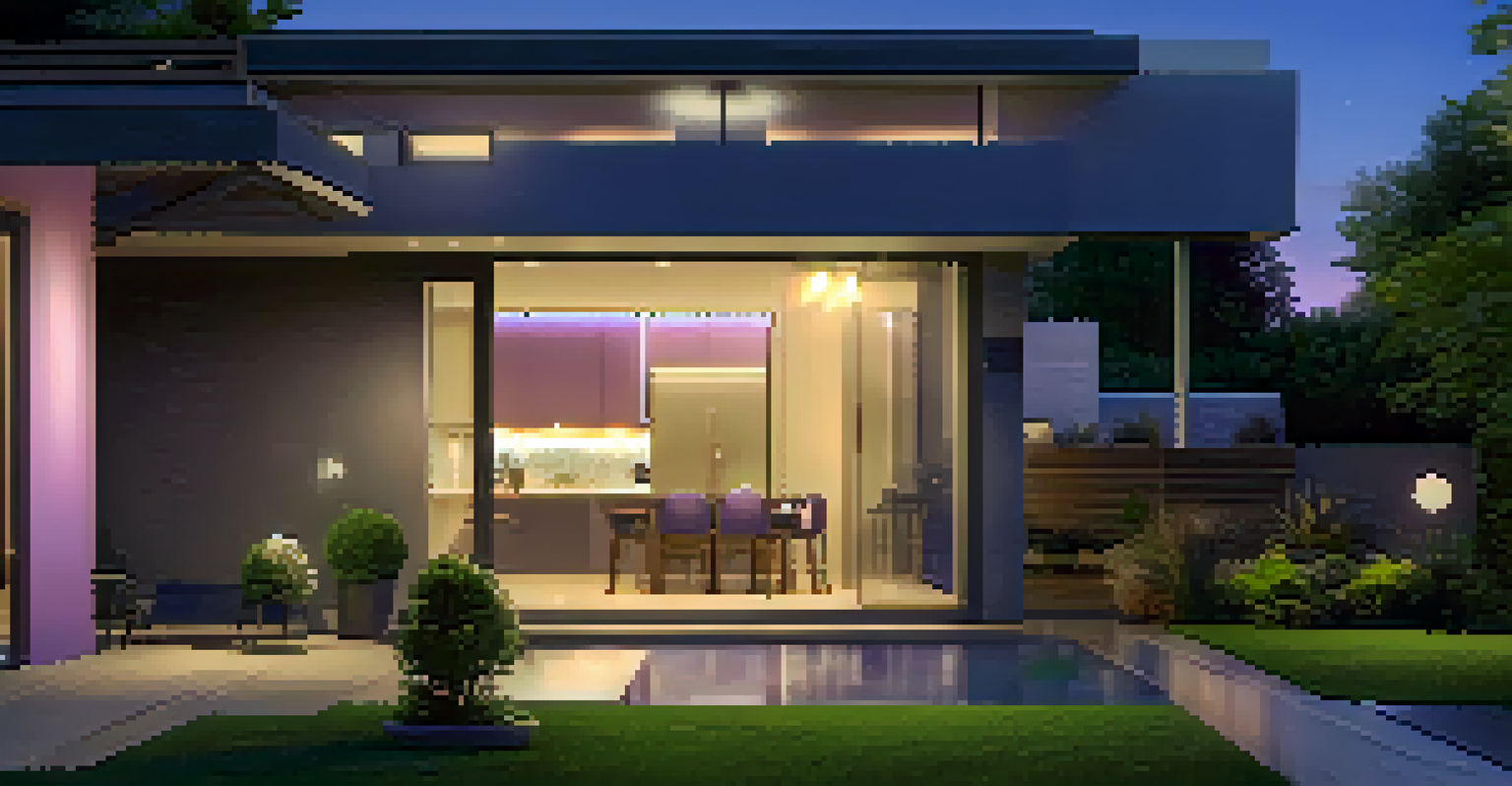 An outdoor view at dusk featuring a smart security camera on a wall, surrounded by a garden with smart outdoor lights and a gradient sky.