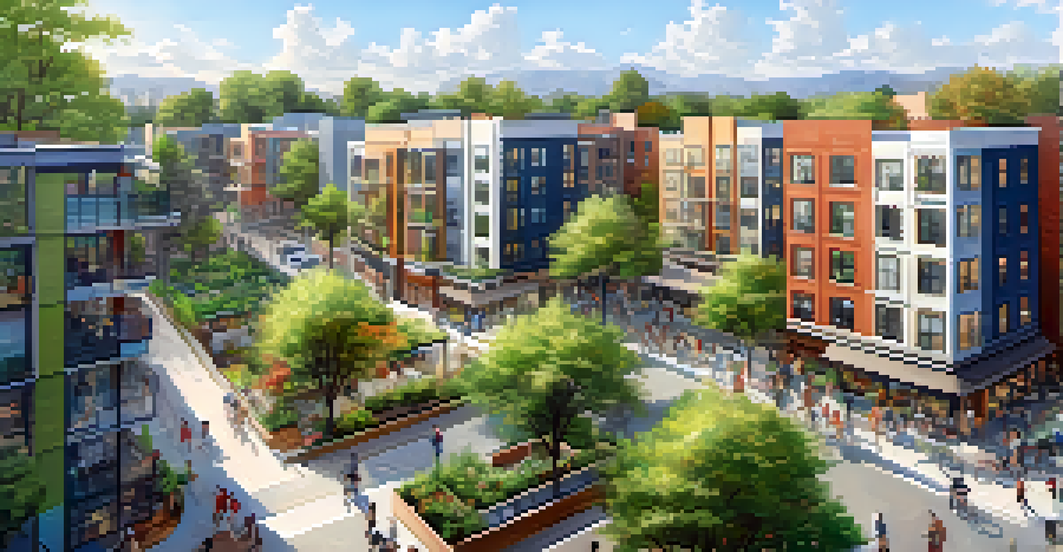 An aerial view of an urban neighborhood with co-living buildings and green spaces, depicting a lively community atmosphere.