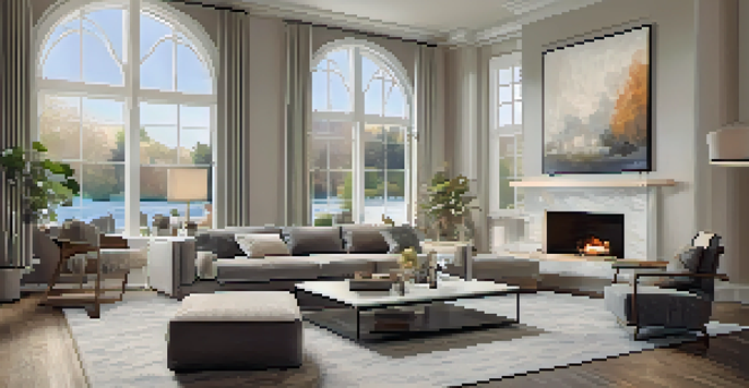 A bright and modern living room with large windows, elegant furniture, and a virtual tour interface showcasing key features.