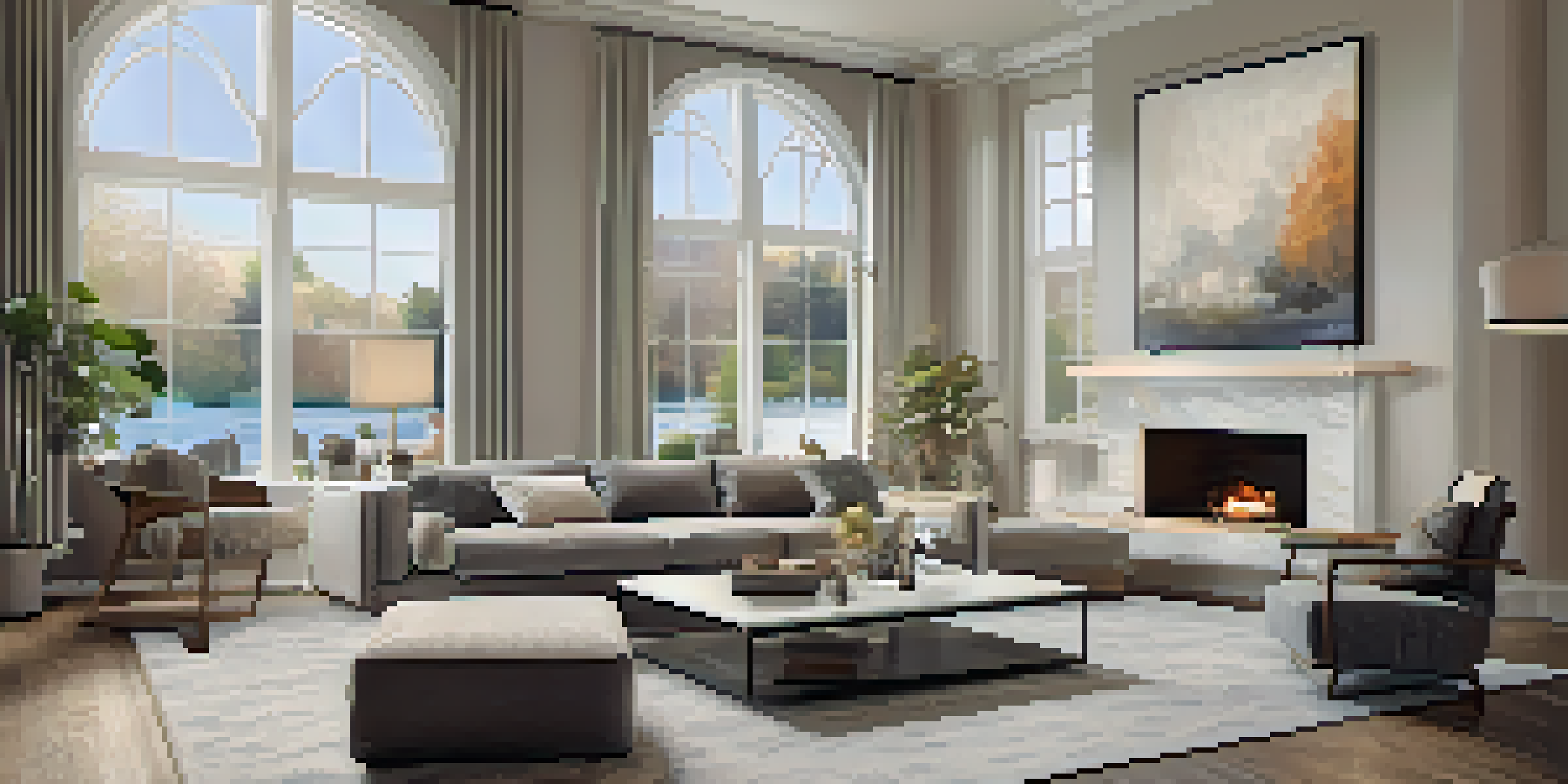 A bright and modern living room with large windows, elegant furniture, and a virtual tour interface showcasing key features.