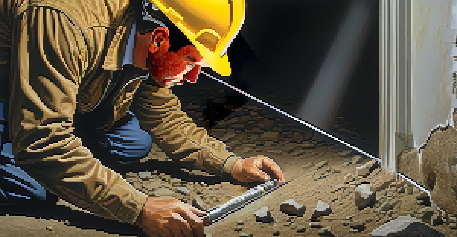 A home inspector inspecting the foundation with a flashlight, focusing on cracks and potential issues.