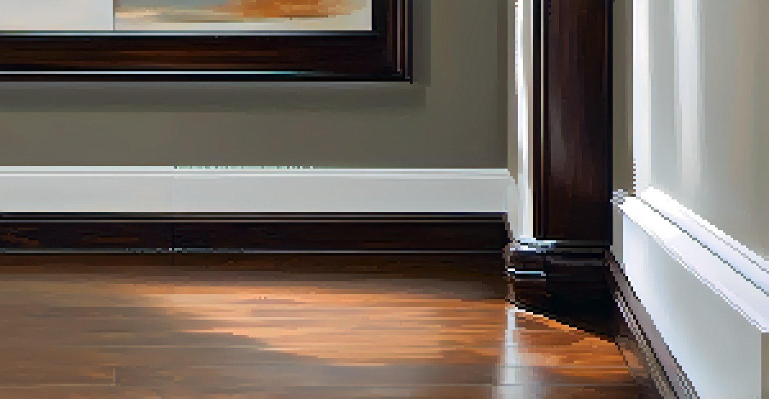 A close-up of white baseboards against a dark hardwood floor and light-colored walls.
