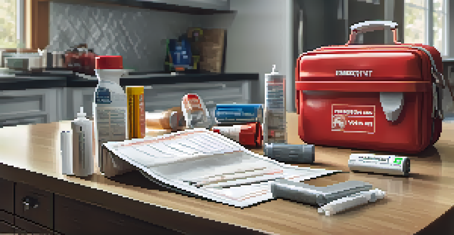 A close-up of a well-organized emergency kit on a kitchen counter, with family members discussing their emergency plan.