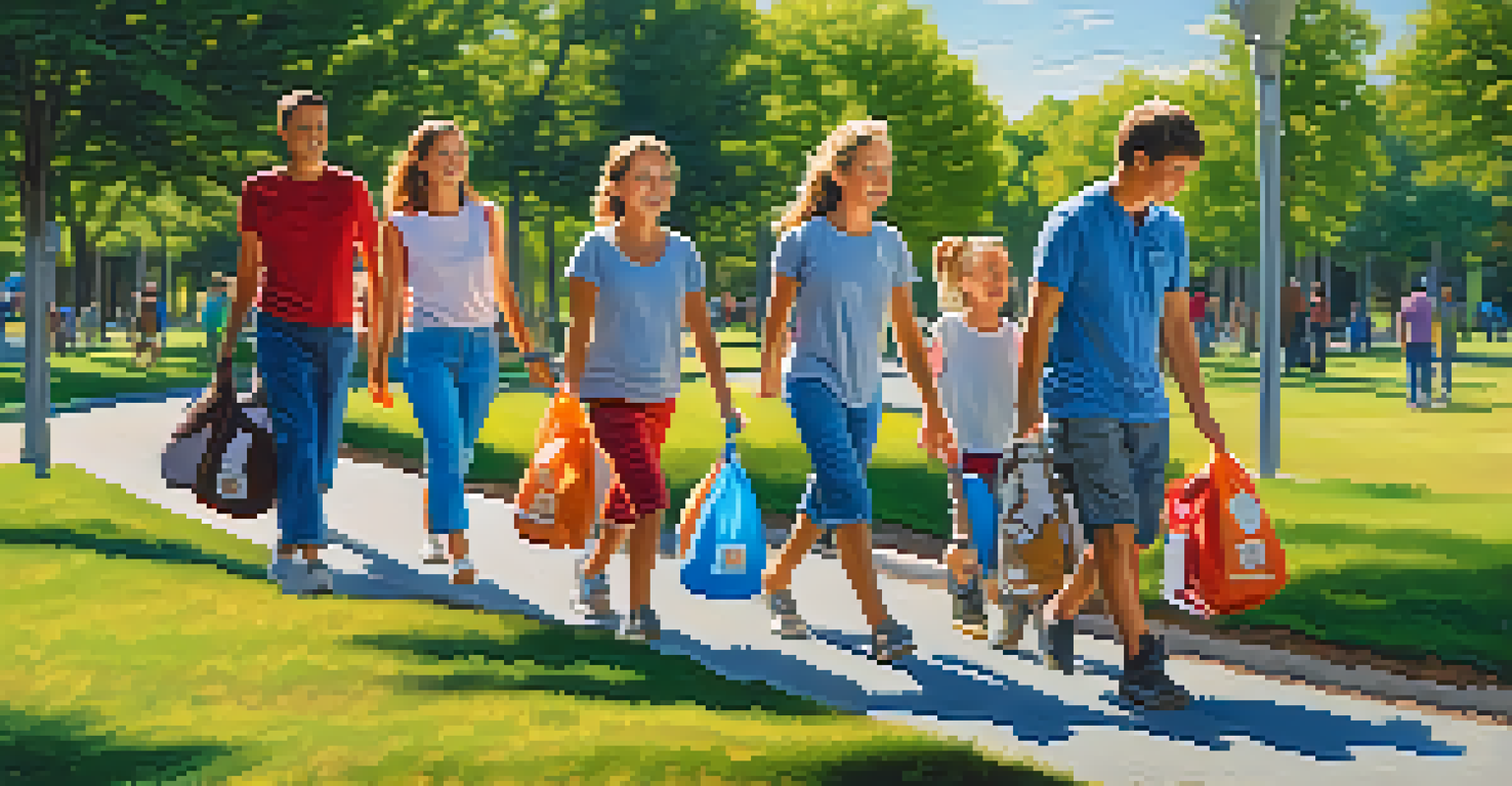 A family practicing an evacuation drill in a sunny park, following a path marked with colorful cones and carrying small go bags.