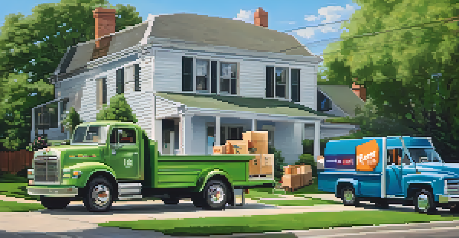A moving truck parked in front of a house with a 'For Rent' sign, with a couple discussing logistics.