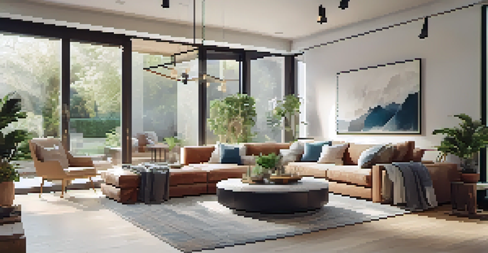 A spacious and inviting open concept living room filled with natural light, featuring ergonomic furniture and plants.