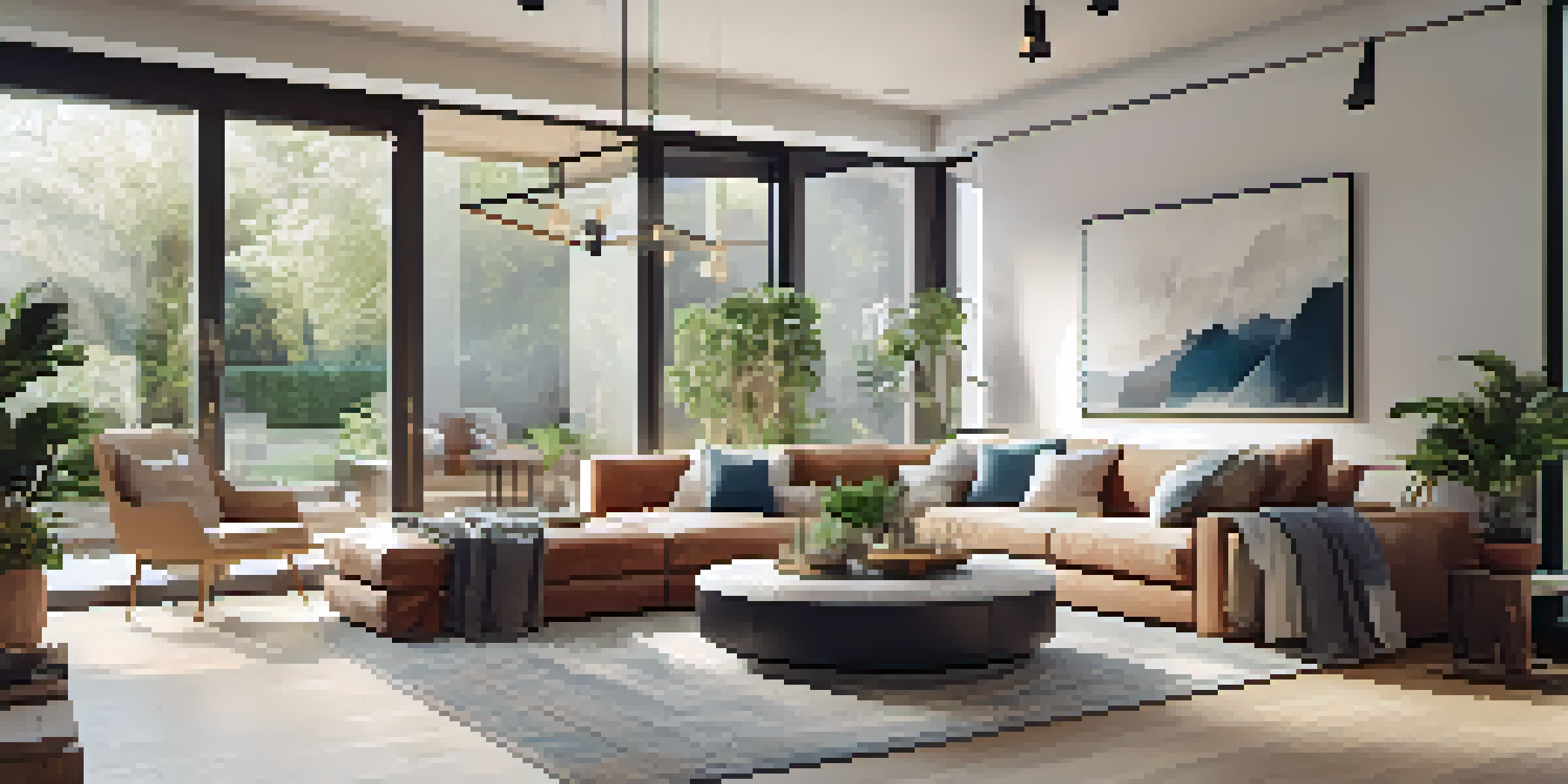 A spacious and inviting open concept living room filled with natural light, featuring ergonomic furniture and plants.