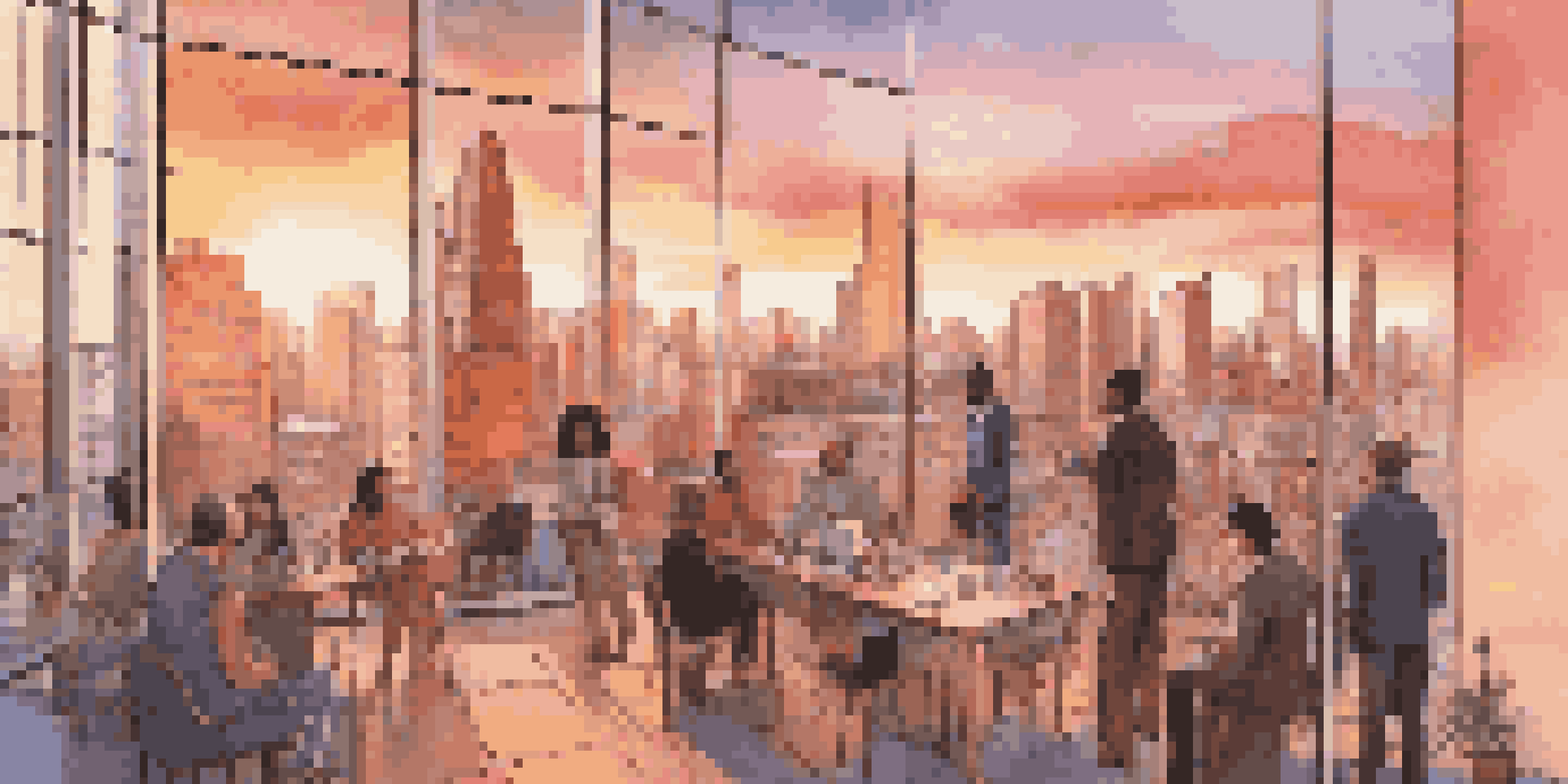 A colorful city skyline during sunset with diverse people discussing real estate investments on a rooftop terrace.