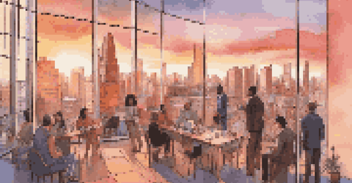 A colorful city skyline during sunset with diverse people discussing real estate investments on a rooftop terrace.
