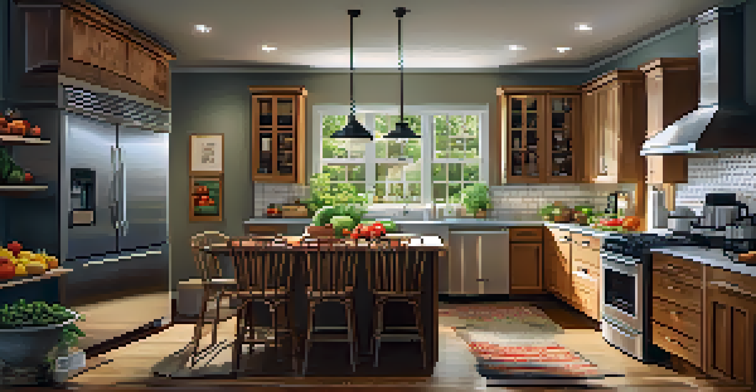 A renovated kitchen with modern appliances and a rustic dining table full of fresh produce.