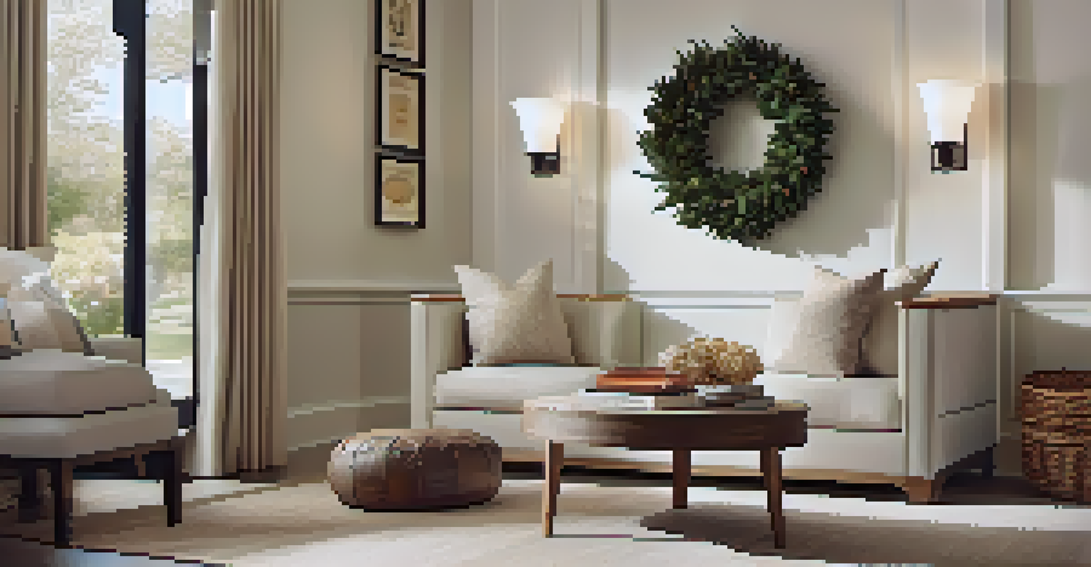 A clean and organized entryway with multifunctional furniture, an ottoman that doubles as storage, warm light from wall sconces, and seasonal decor.