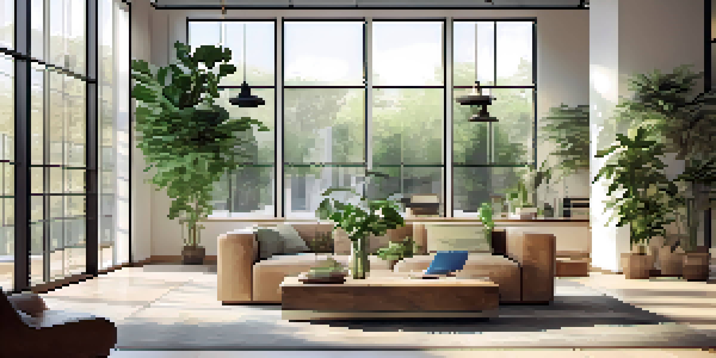 A bright modern office filled with natural light, adorned with indoor plants and sleek minimalist furniture.