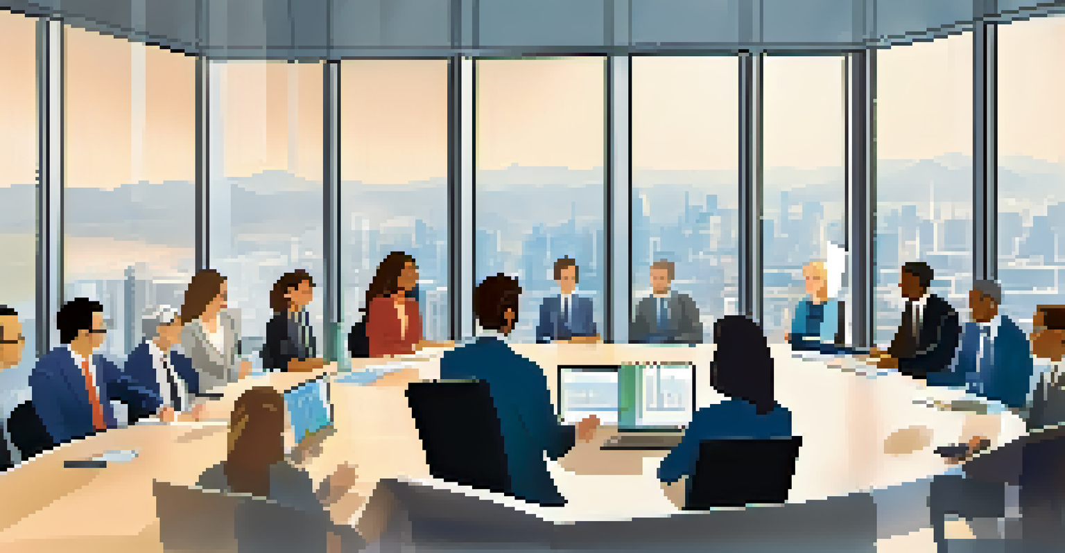 A diverse group of professionals discussing real estate investments around a conference table with charts displayed on a screen.
