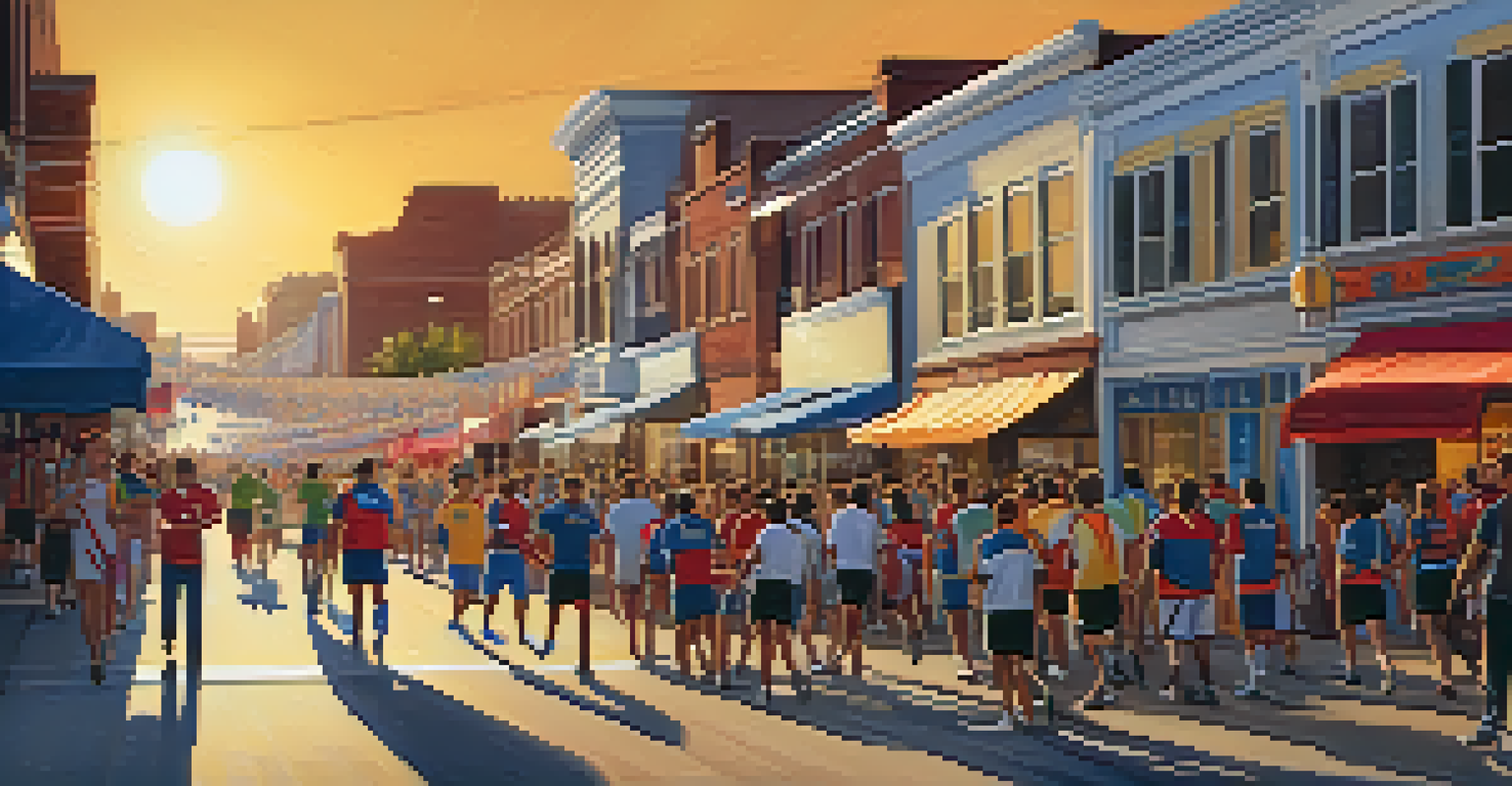 A busy street filled with fans heading to a sporting event, decorated with banners and a warm sunset in the background.