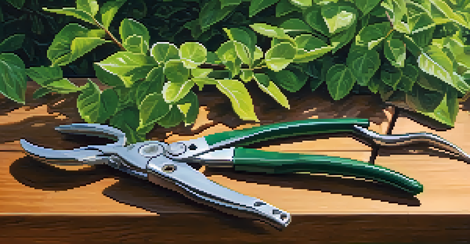 Ergonomic pruning shears on a wooden table with cut branches and a lush garden in the background.