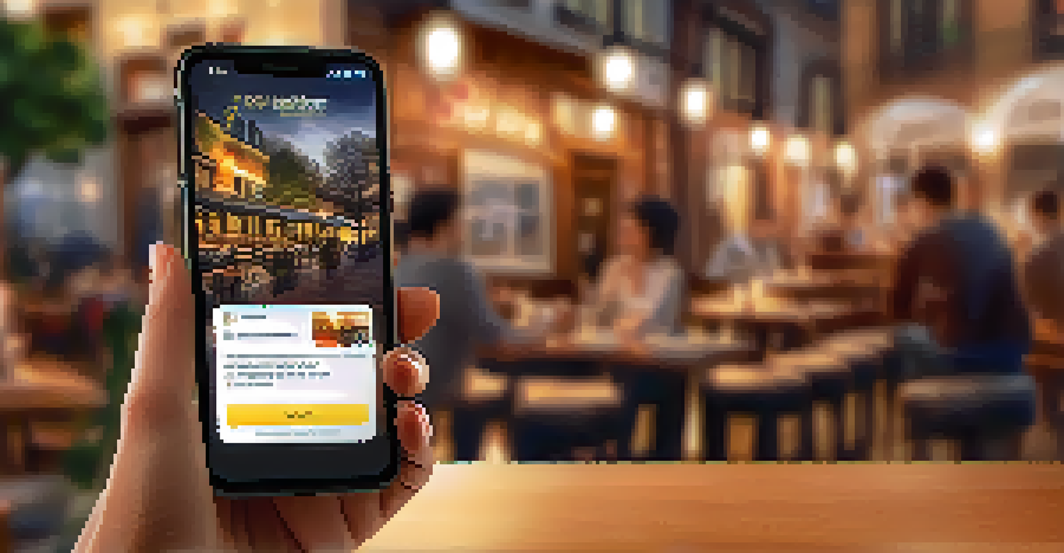 A smartphone showing a glowing online review in a coffee shop.