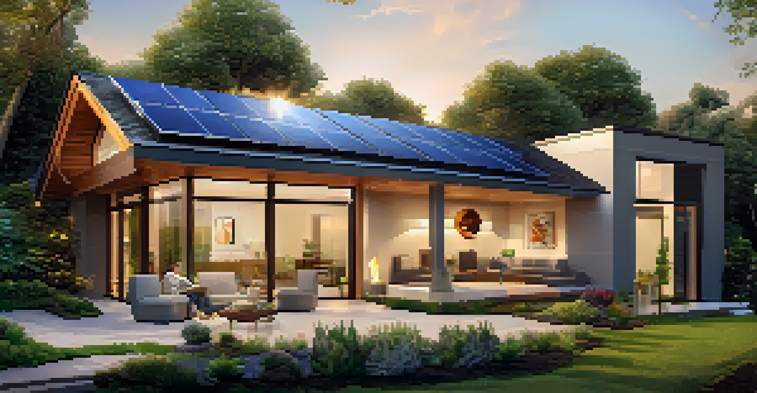 An outdoor view of a modern home with solar panels and smart technology, surrounded by a lush garden during sunset.