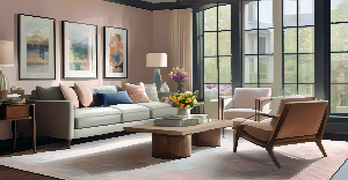 A cozy living room with a modern sofa, coffee table, and fresh flowers, illuminated by natural light from a large window.