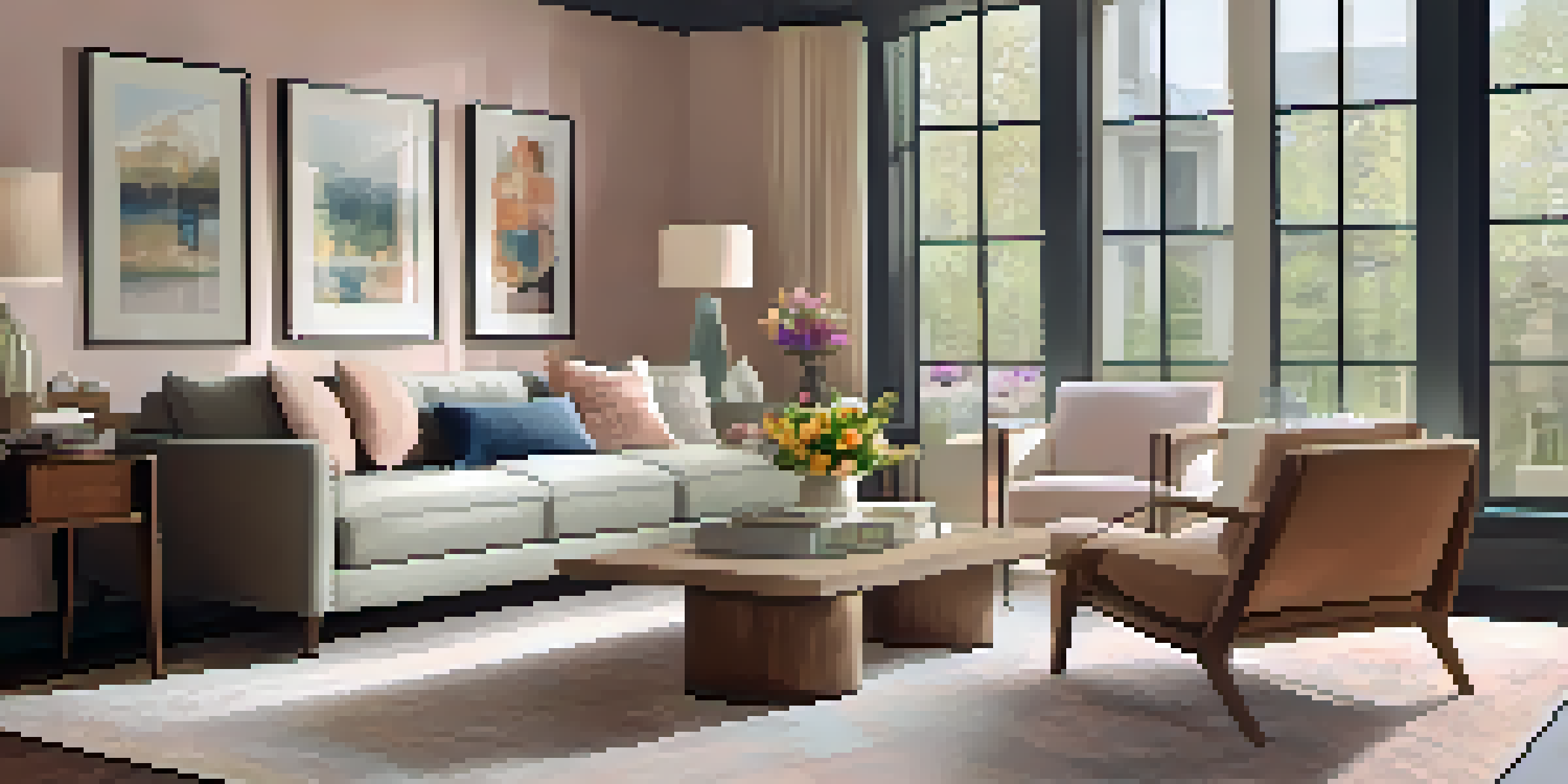 A cozy living room with a modern sofa, coffee table, and fresh flowers, illuminated by natural light from a large window.