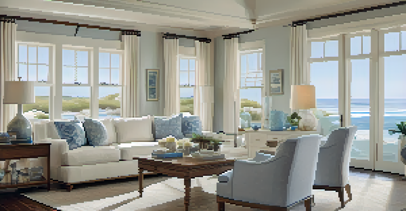 A stylish living room in a vacation rental with modern decor and large windows.