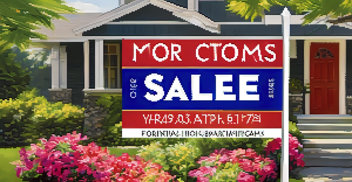 A colorful yard sign indicating a home for sale, placed in a bright garden with flowers under a blue sky.