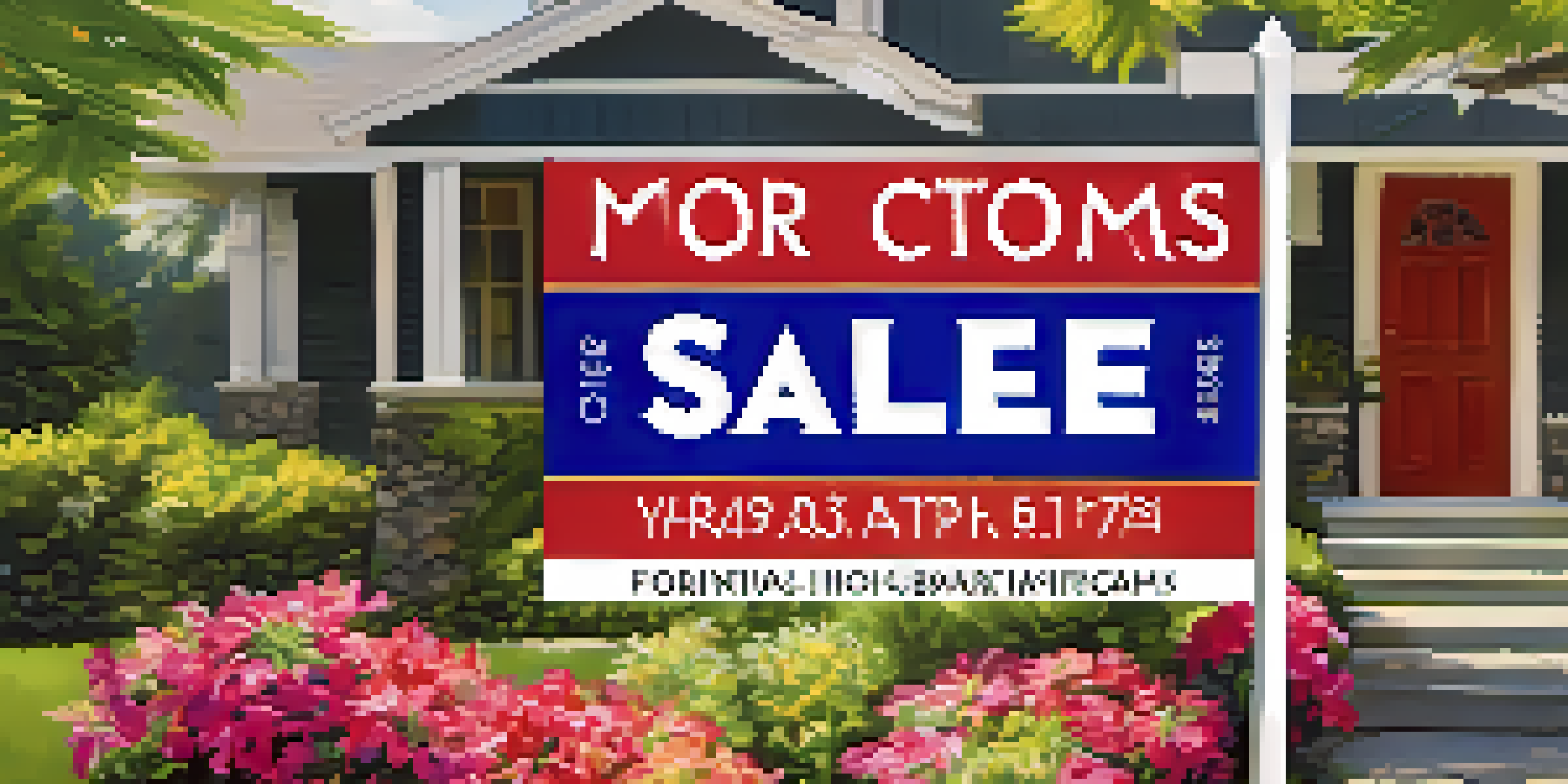 A colorful yard sign indicating a home for sale, placed in a bright garden with flowers under a blue sky.