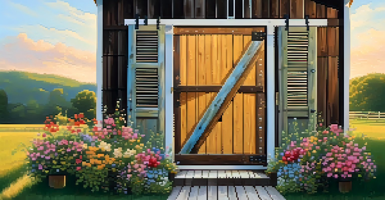 A rustic barn-style door made of reclaimed wood, set against a farmhouse backdrop, illuminated by golden sunlight.