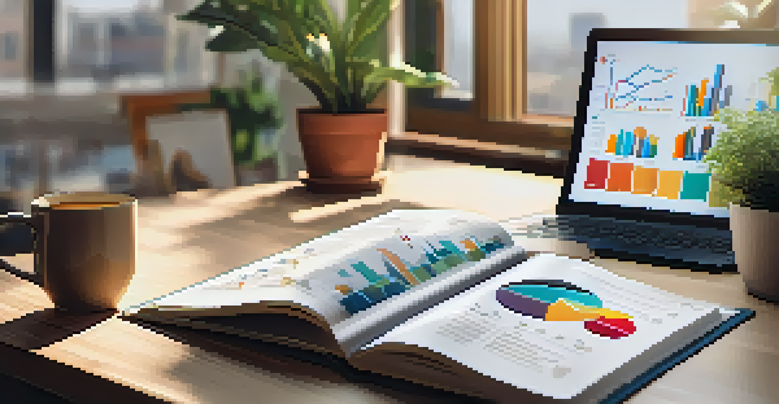 An open book with infographics on real estate investment on a desk with a laptop and coffee cup.