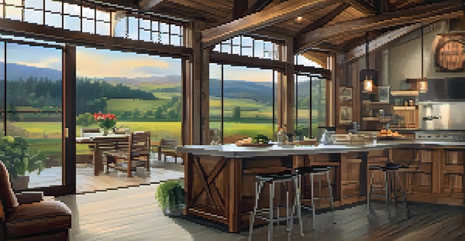 A cozy home inside a converted barn with rustic wooden beams and a modern kitchen, showcasing a blend of traditional and contemporary design, with rolling hills visible through large windows.