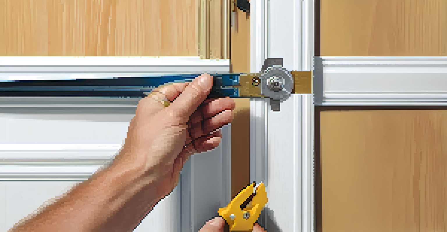 A close-up of a homeowner's hands replacing weather stripping around a door to improve energy efficiency.