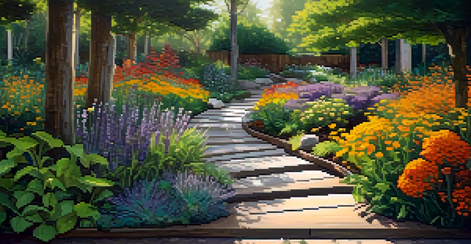 A winding sensory pathway in a vibrant garden, surrounded by colorful flowers and greenery, with sunlight filtering through the leaves.