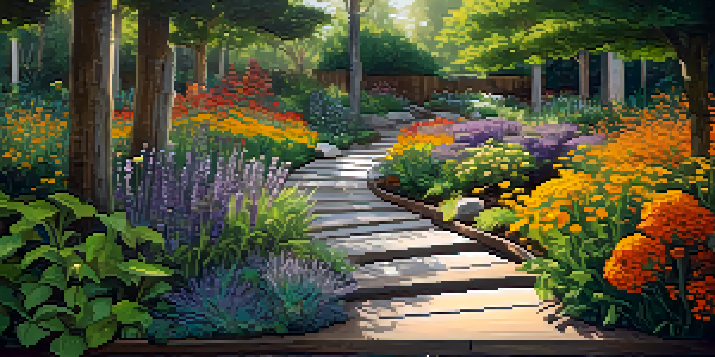 A winding sensory pathway in a vibrant garden, surrounded by colorful flowers and greenery, with sunlight filtering through the leaves.
