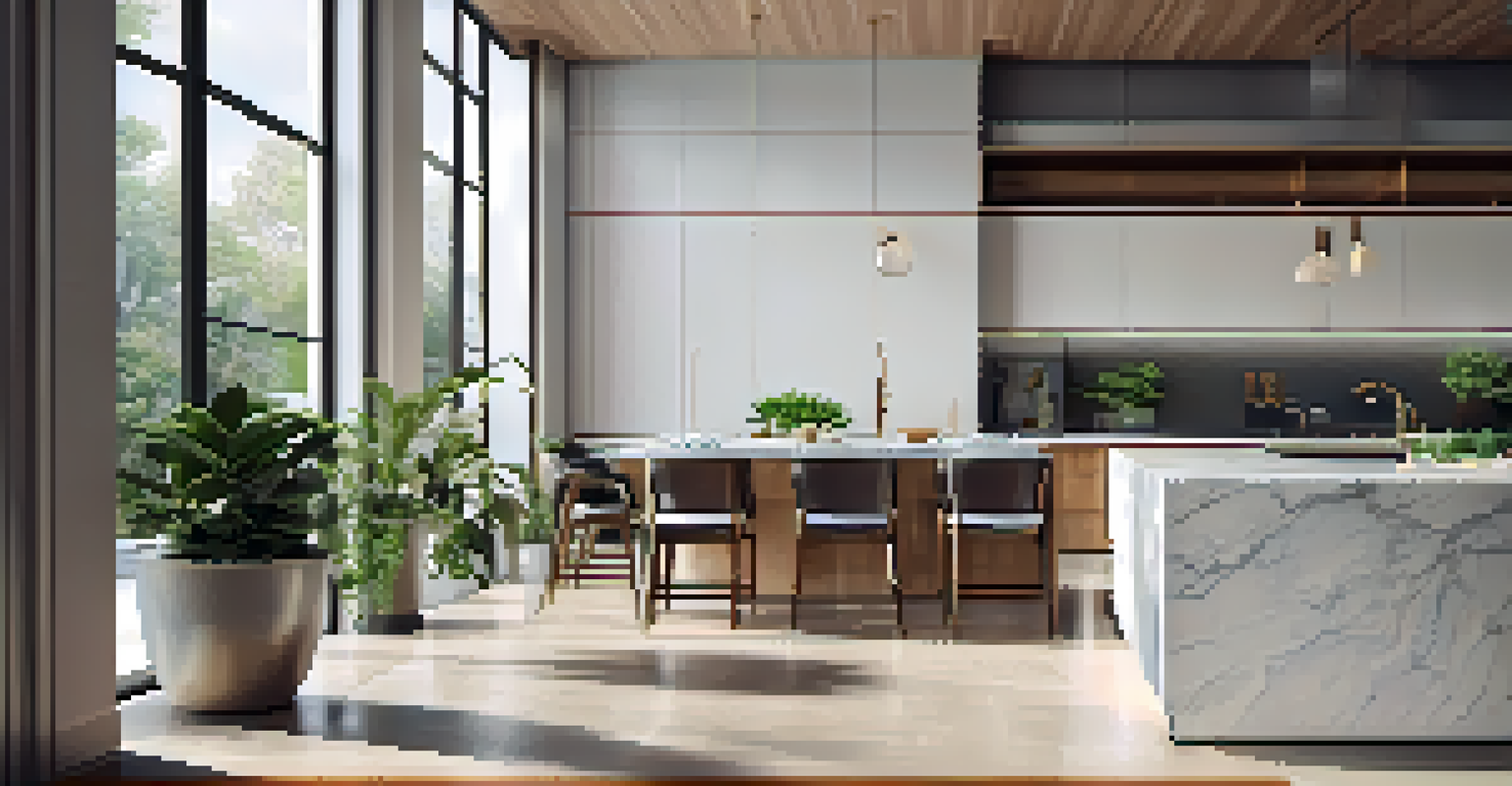 A modern kitchen with marble countertops and natural light.