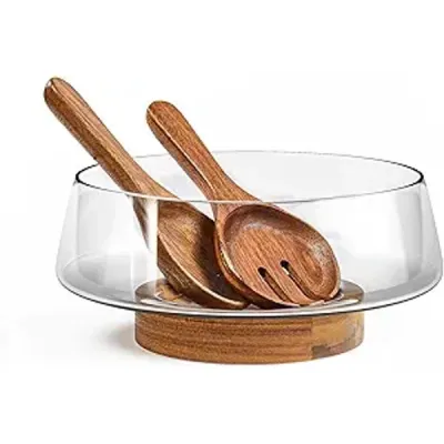 Extra Large Glass Salad Bowl Set with Acacia Wood Base