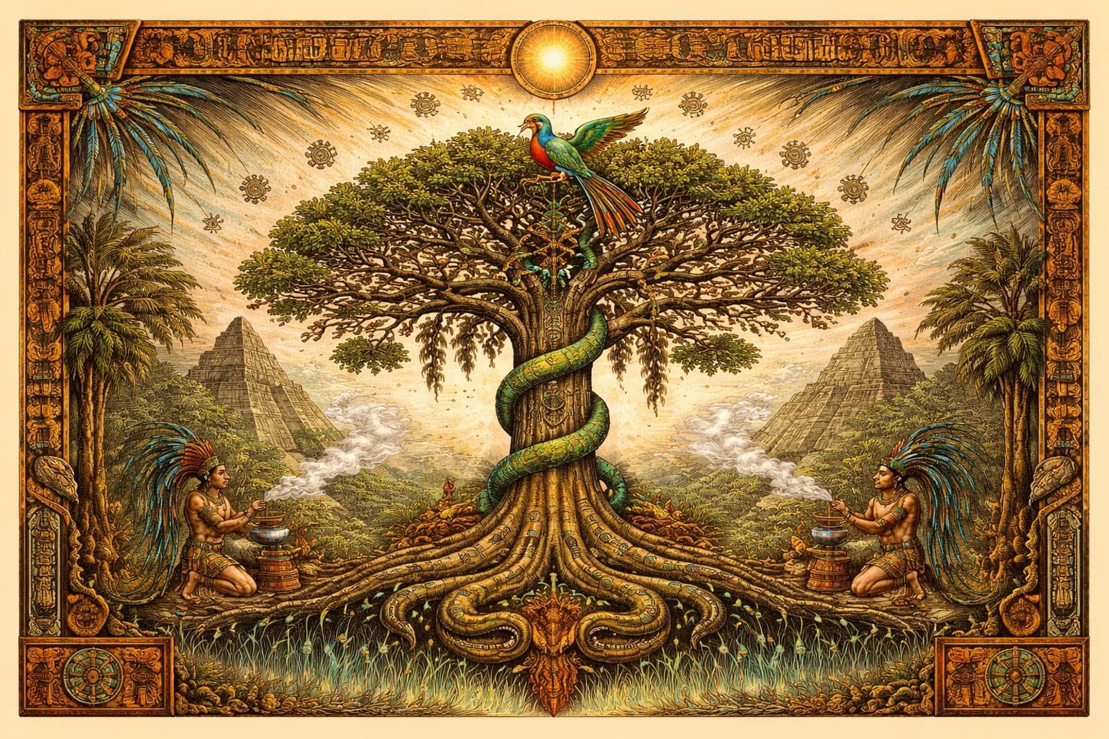 Mythic illustration of a Ceiba tree with a colorful bird in its canopy, two figures in feathered headdresses kneeling at its base burning copal, pyramids in the distance