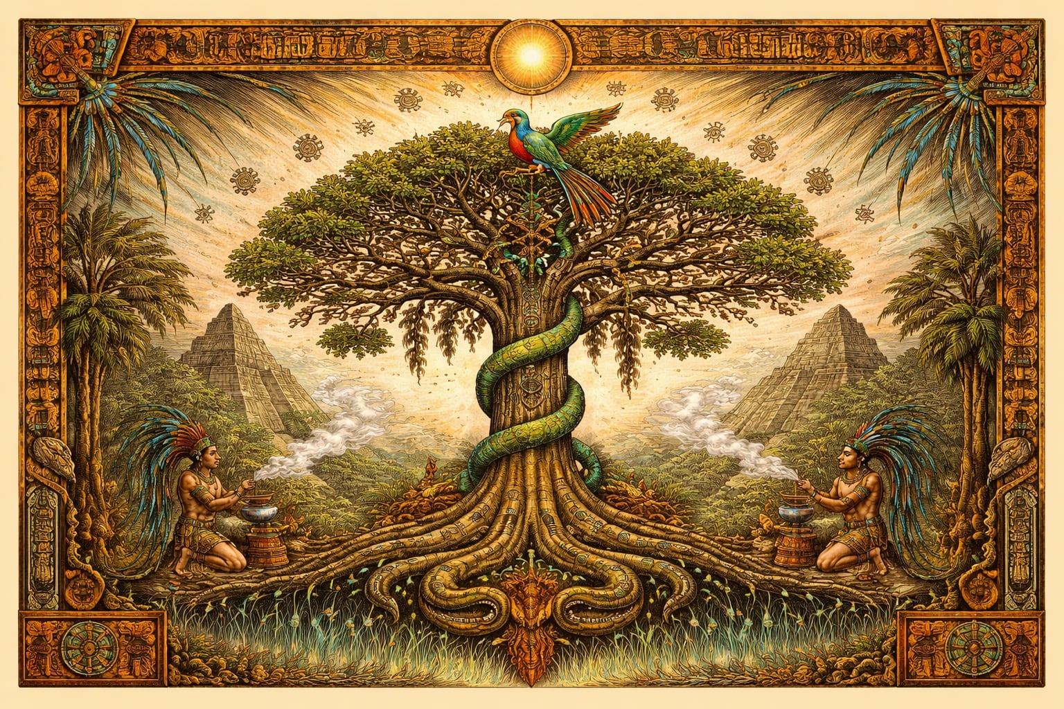 Mythic illustration of a Ceiba tree with a colorful bird in its canopy, two figures in feathered headdresses kneeling at its base burning copal, pyramids in the distance