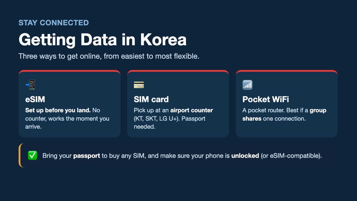 Infographic: getting data in Korea - eSIM set up before you land, physical SIM from an airport counter (KT, SKT, LG U+), or pocket WiFi for groups.