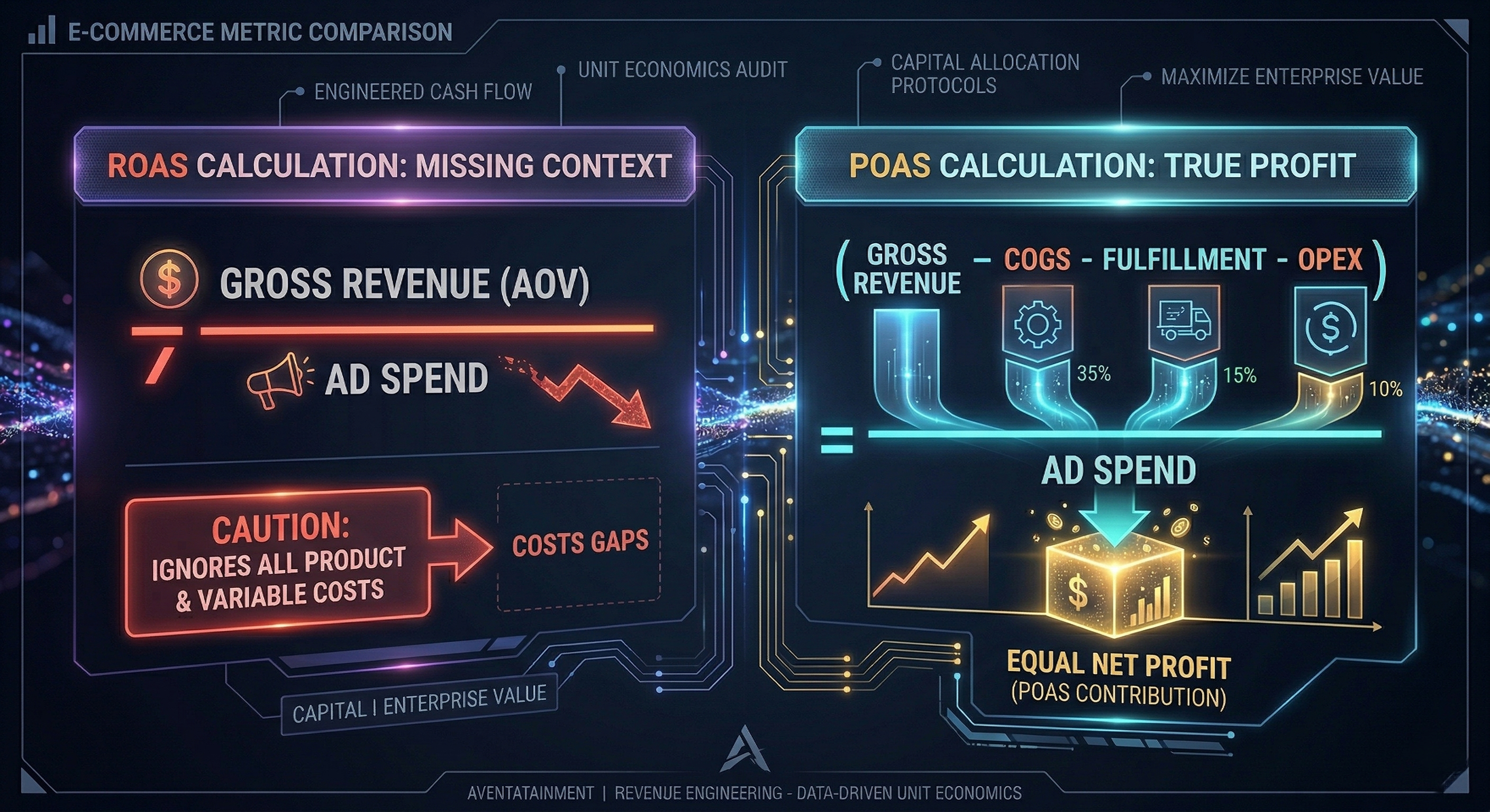 Side-by-side calculation breakdown comparing simplistic ROAS (Missing Context) versus detailed POAS (True Profit) calculation method for e-commerce unit economics.