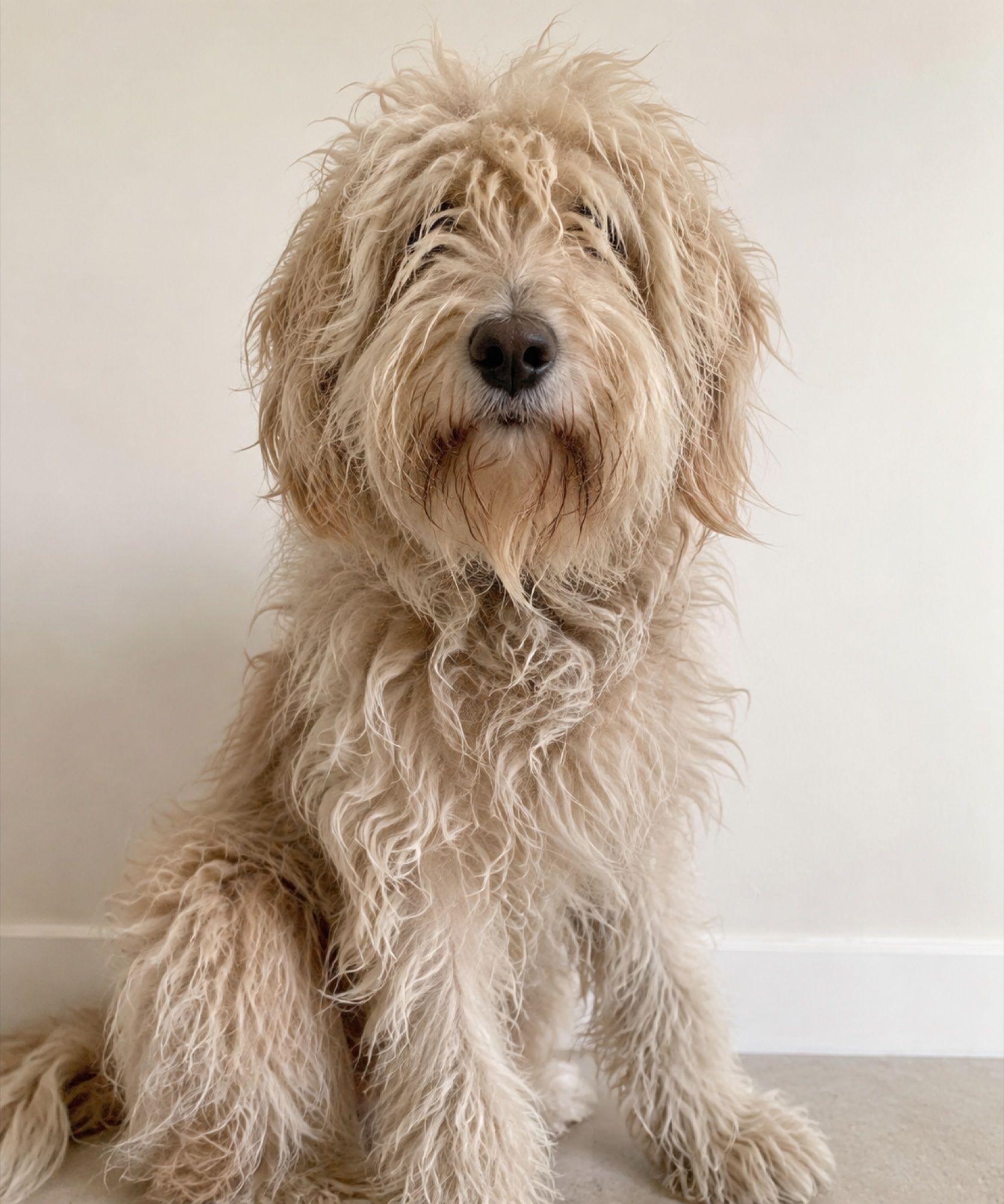 Goldendoodle med lang, ustelt pels før klipp