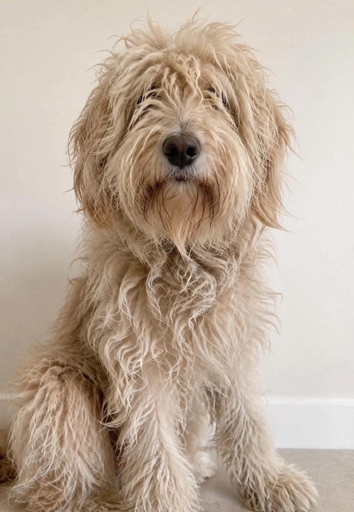 Goldendoodle med lang, ustelt pels før klipp
