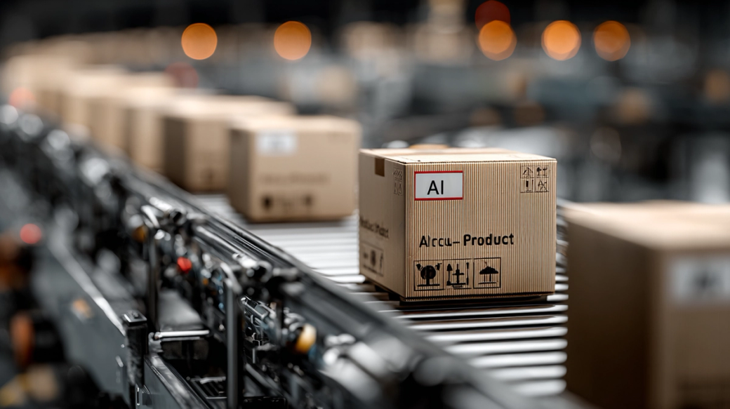 The image shows a conveyor belt in a warehouse or manufacturing setting, with several cardboard boxes moving along it. One box prominently features the label 'AI' and is marked as an 'Altru-Product'.