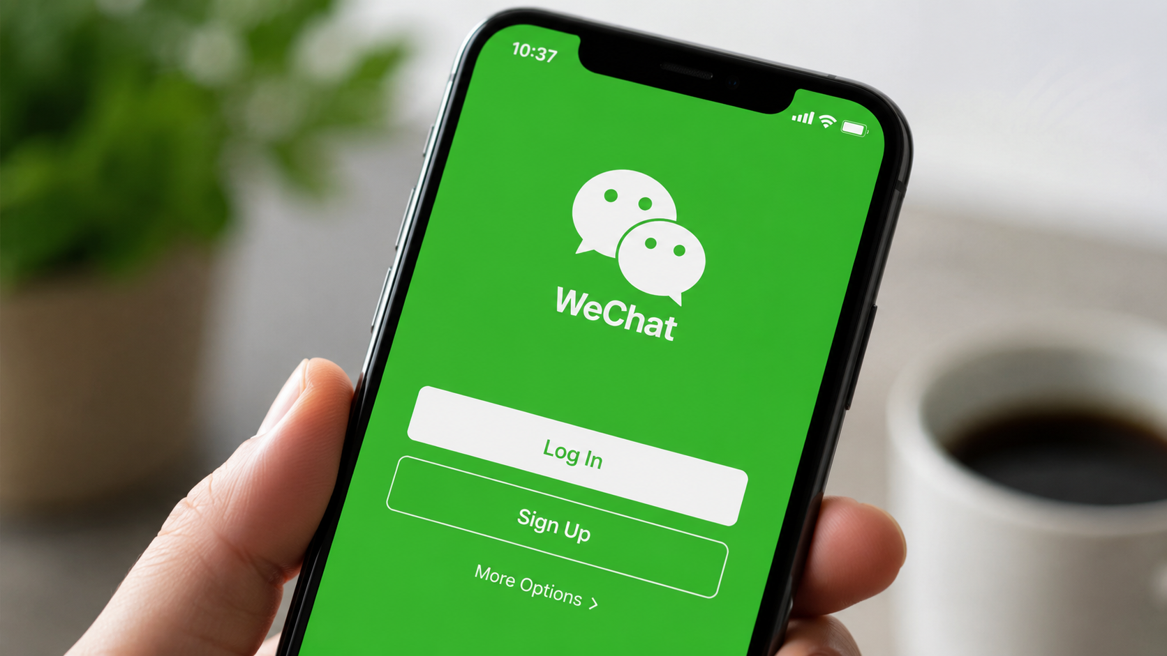 The image displays a close-up view of a smartphone screen showing the WeChat login interface. The background features a plant and a coffee cup, suggesting a casual setting where the app may be used for communication and social interaction.