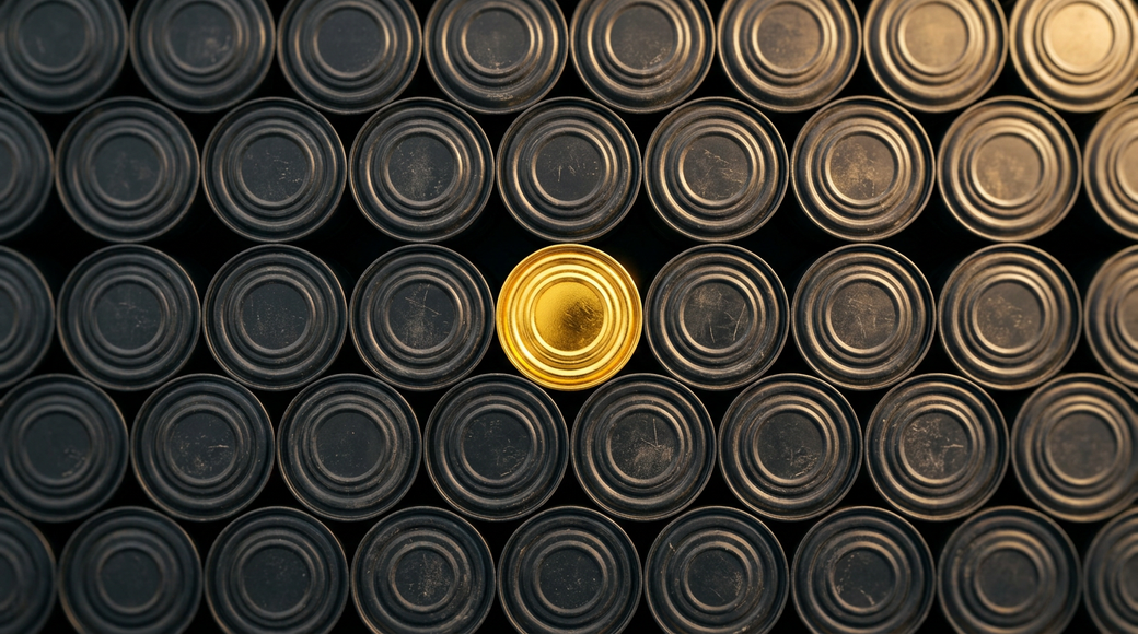 The image depicts an abstract overhead view of numerous matte black steel oil drum lids arranged in a uniform grid. In the center, a single barrel lid is painted vivid gold, gleaming under warm directional light, which contrasts sharply with the textured black lids featuring fine dust and scratches.