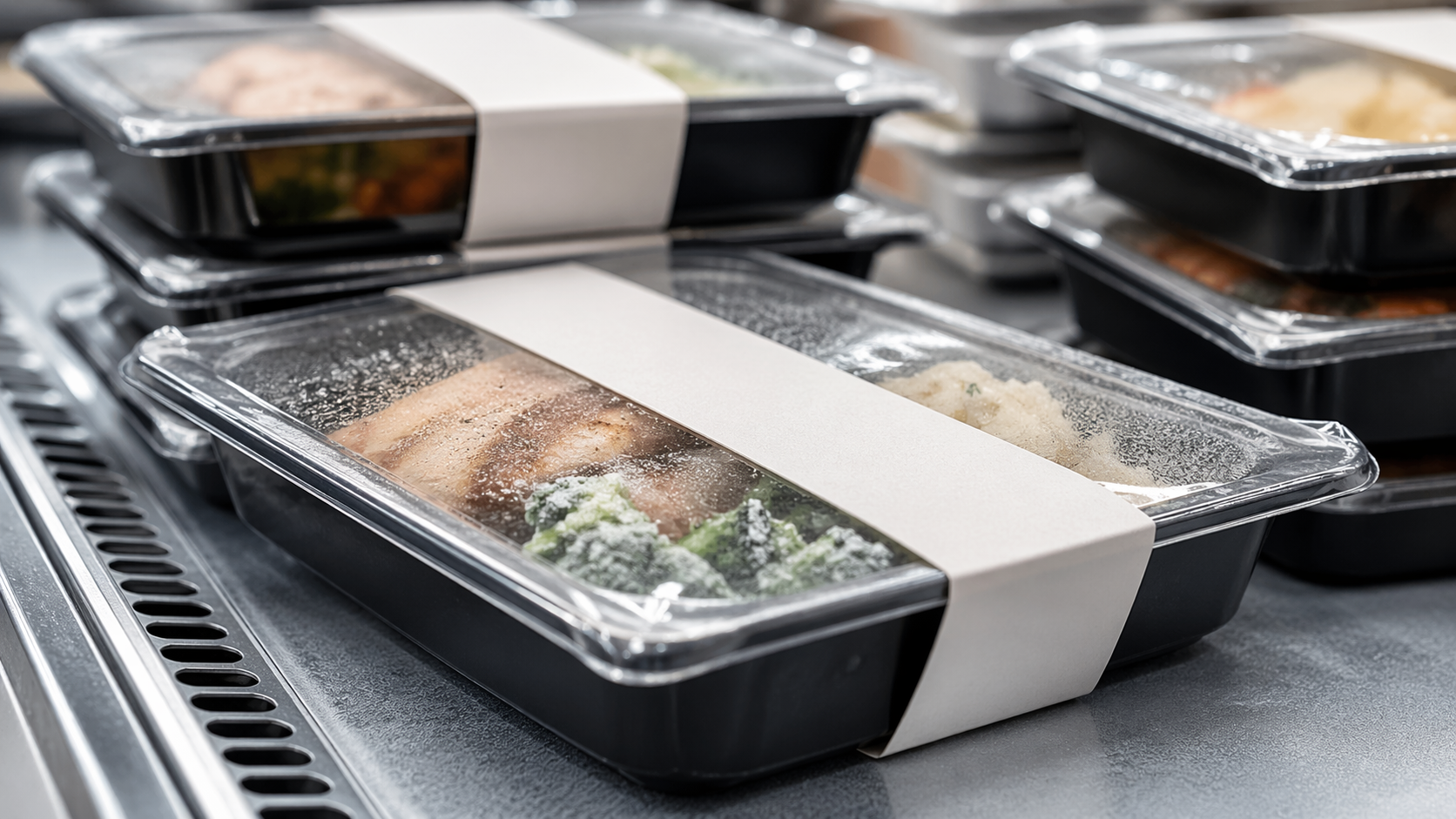 The image depicts several black plastic food containers with clear lids, each containing a portion of a meal that includes vegetables and protein. The containers are stacked on a surface, suggesting they are ready for distribution or sale.