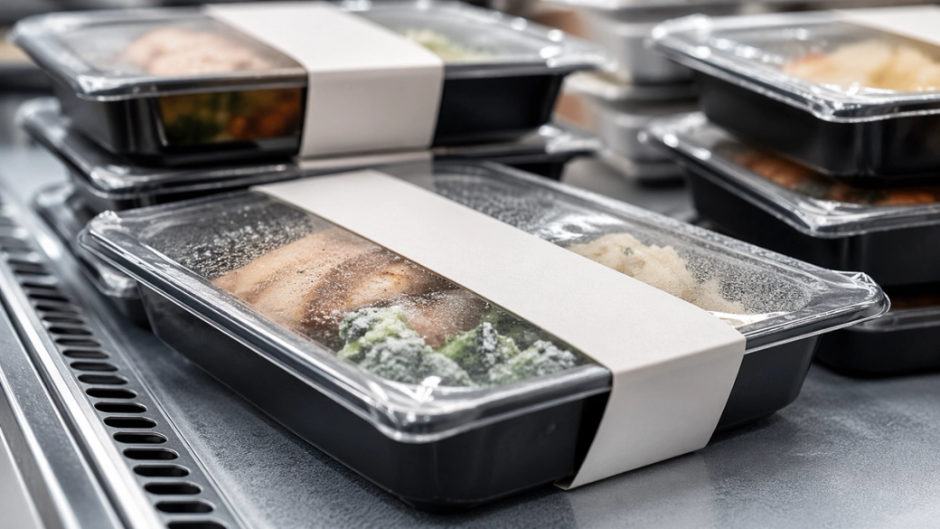 The image depicts several black plastic food containers with clear lids, each containing a portion of a meal that includes vegetables and protein. The containers are stacked on a surface, suggesting they are ready for distribution or sale.