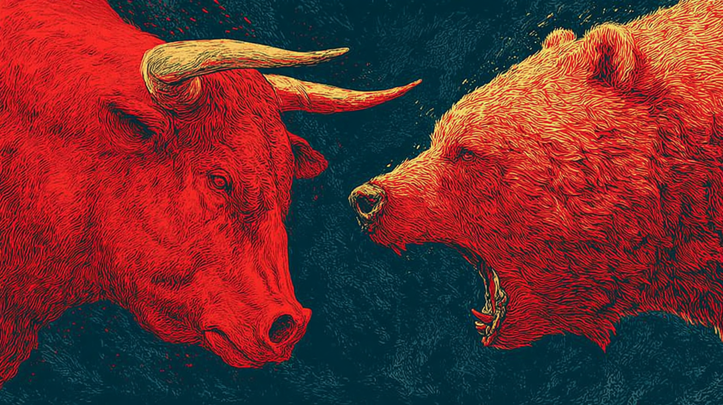 The image features an artistic illustration of a bull and a bear facing off against each other, symbolizing the opposing forces in the stock market. The bull is depicted in a vibrant red hue, while the bear is shown in a similar intense color, emphasizing the battle between bullish and bearish market sentiments.