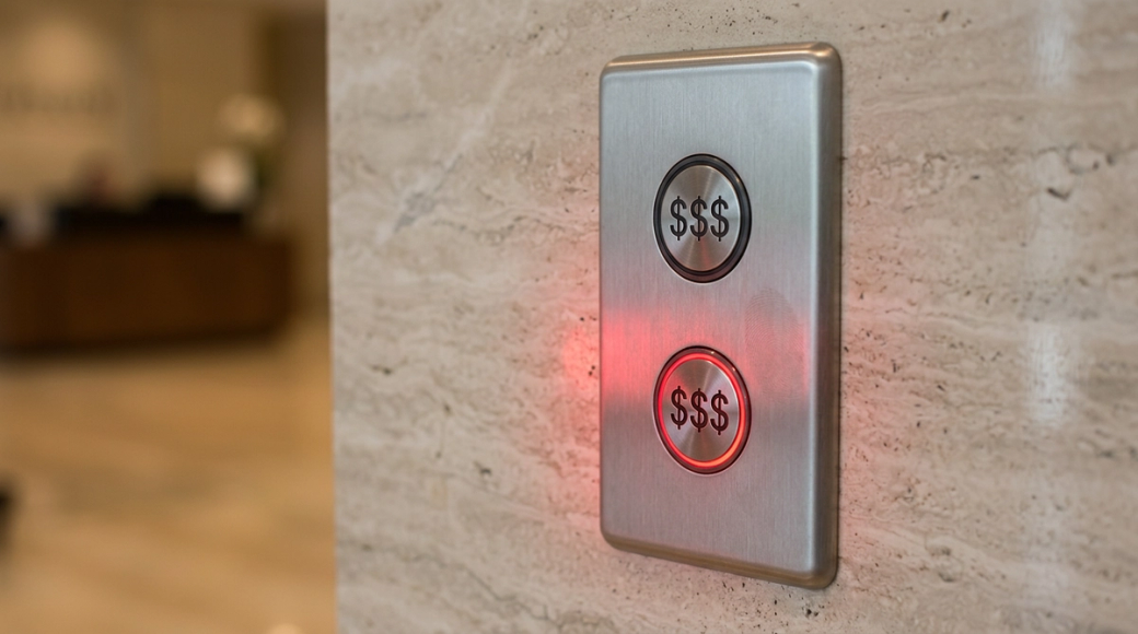The image showcases a modern elevator call-button panel embedded in a polished stone wall, featuring two circular buttons engraved with dollar signs. The lower button is illuminated with a deep red light, while the upper button remains unlit, creating a stark contrast against the brushed stainless steel of the panel.