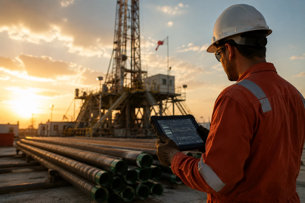 A worker in safety gear, including a hard hat and reflective jacket, examines data on a tablet while standing near a drilling rig at sunset. The image captures the contrast between technology and traditional oil drilling, highlighting the blend of modern and industrial practices.