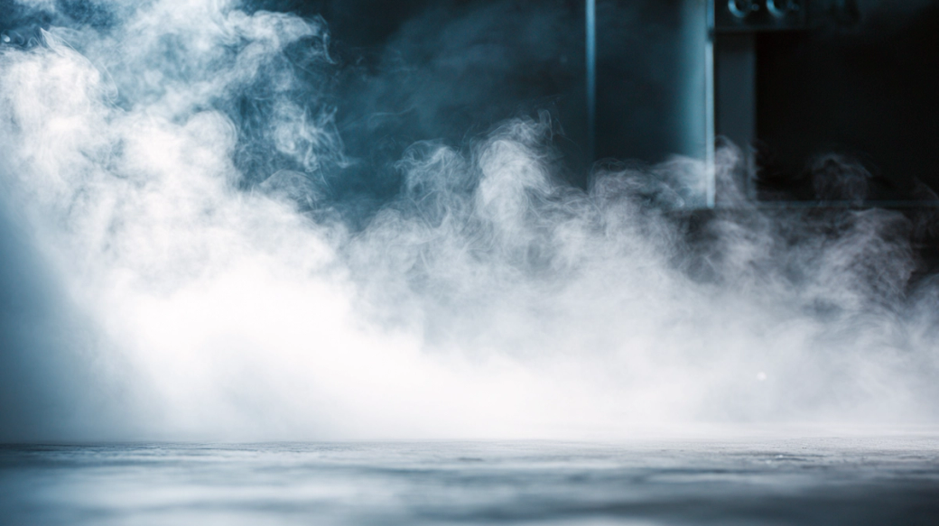 The image features a low angle view of a floor covered in mist or smoke, creating a mysterious and atmospheric effect. The background is dimly lit, accentuating the fog and highlighting the textures on the ground.