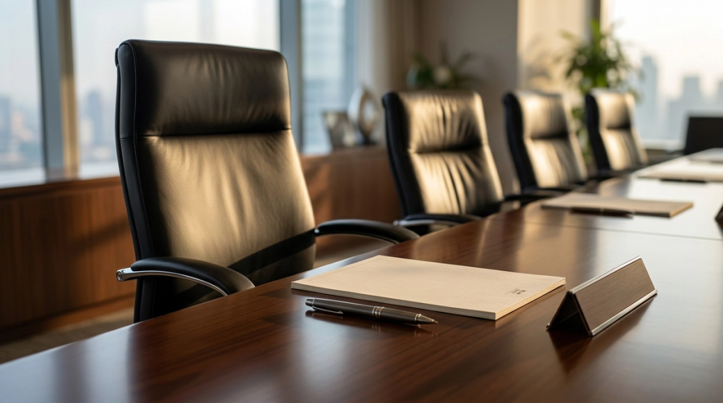 The image depicts a single empty leather boardroom chair positioned at the head of a polished conference table. In front of the chair are a fresh notepad and a heavy pen, with a face-down name placard beside them, suggesting an impending meeting or arrival of an important individual. A beam of morning light illuminates the set-up, enhancing the clean and modern atmosphere of the corporate environment.
